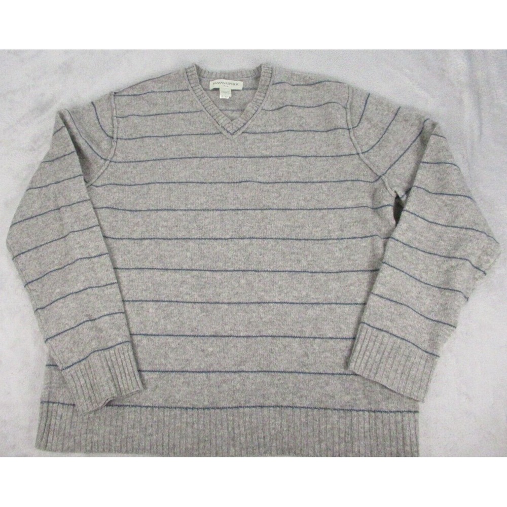 Banana Republic Lambs Wool Sweater Mens‎ Large Gray Striped V-Neck Pullover Knit